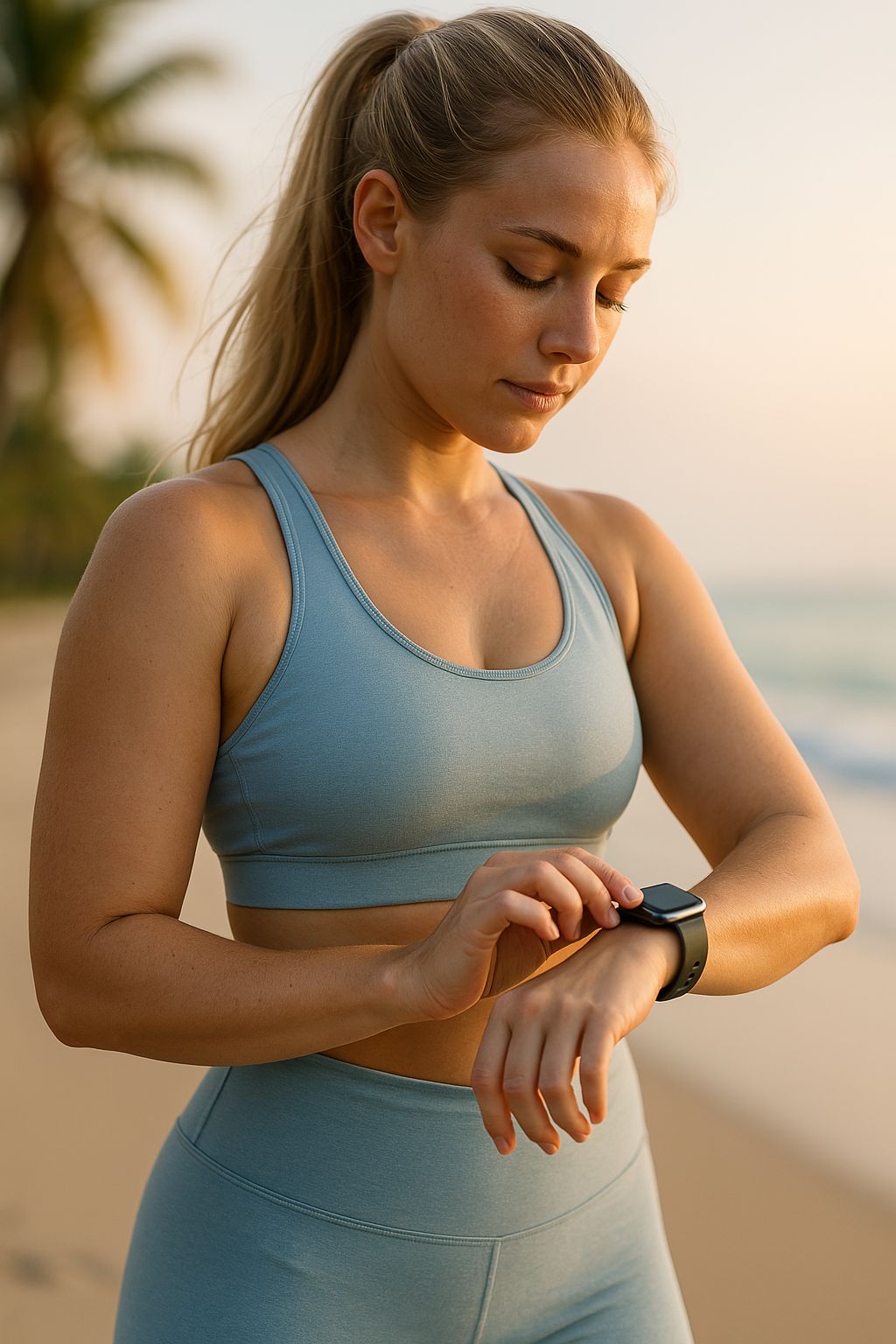 Woman checking fitness tracker on beach